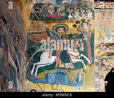 Saint George poignarder le Dragon, toile peinture dans l'Église Orthodoxe Abreha wa Atsbaha, Gheralta, région du Tigré, en Ethiopie Banque D'Images