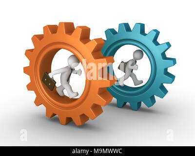 Deux hommes d'3d sont en cours d'exécution à l'intérieur de roues dentées comme un concours Banque D'Images