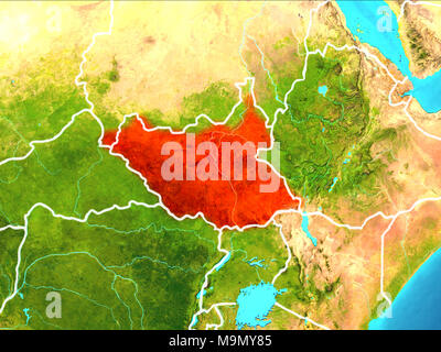 Le Soudan du Sud a mis en évidence en rouge à partir de l'orbite de la Terre. 3D illustration. Éléments de cette image fournie par la NASA. Banque D'Images
