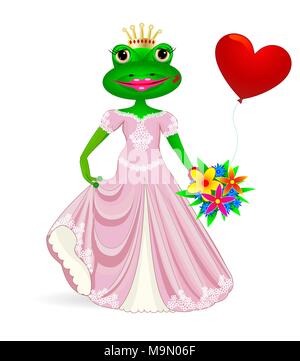 Cartoon princesse grenouille avec cœur et des fleurs dans leurs mains. Illustration de Vecteur