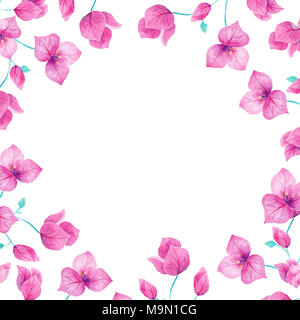 Aquarelle fleur bougainvillier fait main frame border. Parfait pour des invitations, mariage, décorations, cartes de vœux, papiers peints. Banque D'Images