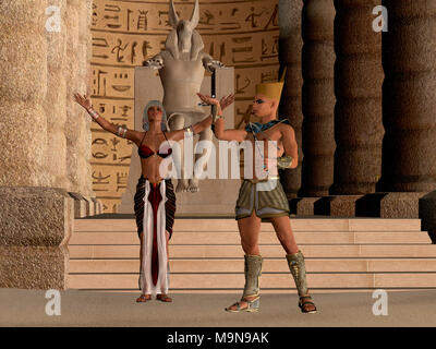 Couple égyptien dans la région de Temple - Le pharaon égyptien et sa femme culte et prier leur Dieu appelé Anubis dans leur temple de la dynastie. Banque D'Images