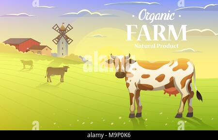 Paysage rural et vaches. Hôtel Restauration. Vector illustration. Poster avec prairie, Campagne, village rétro pour info graphique, sites web. Le lait et les produits laitiers, le moulin et le foin. Matin d'été l'arrière-plan. Illustration de Vecteur