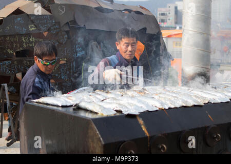 Un homme est la cuisson des poissons fraîchement pêchés à l'Hwacheon Sancheoneo ice festival. L'Hwacheon Sancheoneo Ice Festival est une tradition pour les coréens. Chaque année en janvier les foules se rassemblent à la rivière gelée pour célébrer le froid et la neige de l'hiver. L'attraction principale est la pêche sur glace. Jeunes et vieux attendent patiemment sur un petit trou dans la glace pour une truite de mordre. Dans des tentes qu'ils peuvent laisser les poissons grillés après qu'ils soient mangés. Parmi les autres activités sont la luge et le patinage sur glace. La proximité de la région de Pyeongchang accueillera les Jeux Olympiques d'hiver en février 2018. Banque D'Images