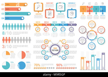 Ensemble de la plupart des éléments utiles infographie - des graphiques à barres, les droits de l'infographie, de diagrammes à secteurs, étapes et options, workflow, puzzle, pourcentages, schéma de cercle, t Banque D'Images