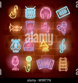Instruments de musique avec des néons set icons Illustration de Vecteur