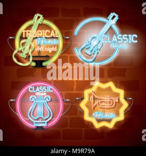 Instruments de musique avec des néons set icons Illustration de Vecteur