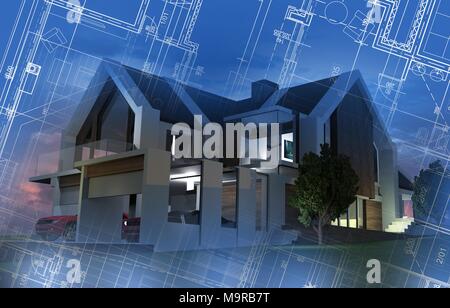 Nouvelle maison l'élaboration de concept. Illustration du modèle de rendu 3D et le bâtiment Construction Blueprint Overlay. Banque D'Images