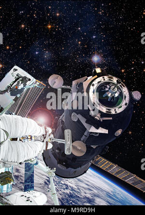 Astronaute dans l'espace de marche sur l'engin spatial orbital Soyouz, artiste expression de l'activité de l'ISS. Modifié à partir d'éléments composites libre fourni par la NASA. Banque D'Images