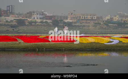 Les gens à fruits de mer sur la rive de la rivière Yamuna à Agra, en Inde. Banque D'Images