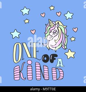 Avec tête de licorne corne jaune, les étoiles et les coeurs avec l'un d'un genre sur le fond bleu Illustration de Vecteur