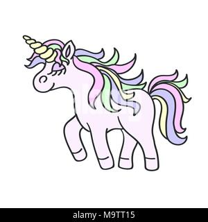 Dessin à la main rose marche avec l'icône unicorn horn jaune isolé sur fond blanc Illustration de Vecteur