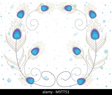 Une illustration d'abstract peacock feathers en bleu et or sur un fond blanc tacheté Illustration de Vecteur