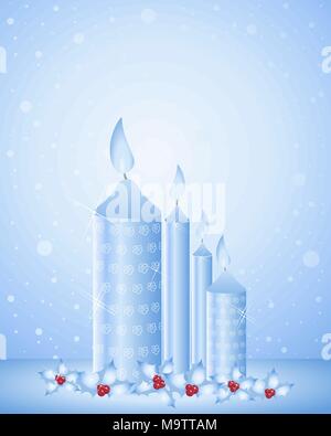 Une illustration des bougies de Noël dans des tons bleus avec Holly et décoration baies rouge vif sur un fond de neige bleu Illustration de Vecteur