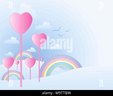 Un vecteur illustration en eps 10 format d'un paysage pastel avec des coeurs roses et les arcs-en-ciel sous un ciel bleu avec des nuages et de l'espace pour le texte Illustration de Vecteur