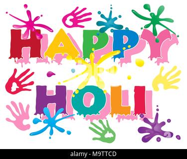 Un vecteur illustration en format eps 10 de happy holi en lettres colorées pour célébrer la fête hindoue avec éclaboussures de peinture et imprime à la main Illustration de Vecteur