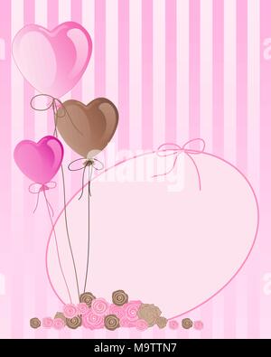 Une illustration de rose et brown valentine ballons avec carte de vœux et une grappe de roses sur un fond de rayure bonbons Illustration de Vecteur