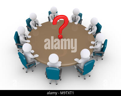 D'affaires 3d autour de table et un point d'interrogation au milieu Banque D'Images