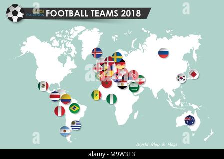 Soccer cup 2018 . Les drapeaux des pays des équipes de football sur world map background . Vector international pour le tournoi de championnat mondial 2018 concept . Télévision Illustration de Vecteur
