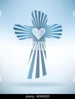 Croix chrétienne baptême avec des vagues d'eau et de la colombe sur fond bleu. Signe religieux. Plusieurs.L'exposition Illustration de Vecteur