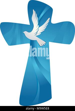 Croix chrétienne baptême avec des vagues d'eau et de la colombe sur fond bleu. Signe religieux. Plusieurs.L'exposition Illustration de Vecteur
