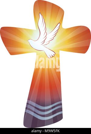 Baptême croix chrétienne avec de l'eau des vagues et de la colombe sur fond coucher de soleil Illustration de Vecteur