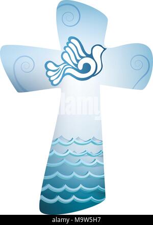 La croix chrétienne le baptême. Esprit Saint symbole avec colombe et la mer Illustration de Vecteur