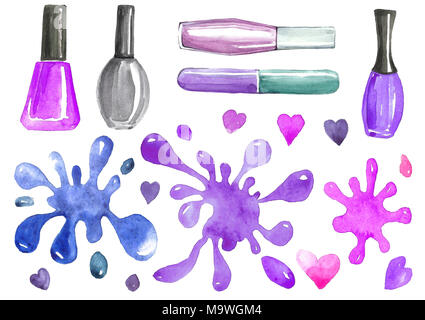 Illustration à l'aquarelle de vernis à ongles manucure et blots en rose, bleu et violet. Motif isolé sur fond blanc. Banque D'Images