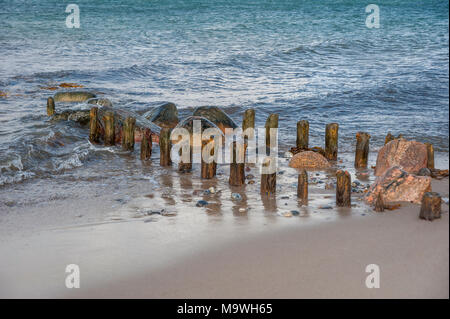 Les brise-lames en bois au bord de la réserve naturelle de Graswarder, Heiligenhafen, mer Baltique, Schleswig-Holstein, Allemagne, Europe Banque D'Images