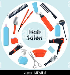 Outils et produits cosmétiques pour les soins capillaires. Outils de coiffure professionnels. Un ensemble d'éléments d'un salon de beauté. Vector illustration style de télévision Banque D'Images