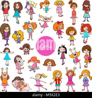 Cartoon Illustration de filles d'âge élémentaire des enfants ou adolescents groupe de caractères énorme ensemble Illustration de Vecteur