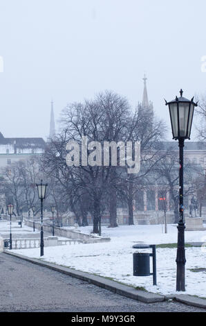 Vienne romantique en hiver avec une vue de la Burggarten, où les tours de la cathédrale Saint-Étienne et de l'église des Augustins sont visibles Banque D'Images