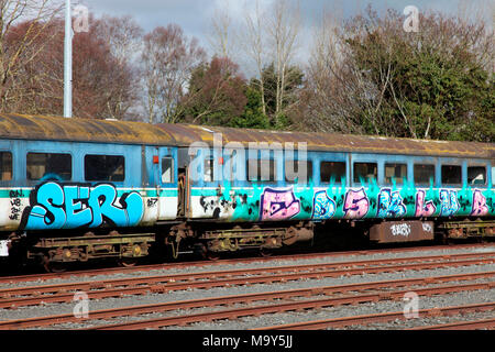 Un graffiti sur une friche railwat Railwat Clarke Transport, Dundalk Gare Banque D'Images