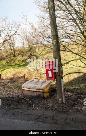 Mail Box fixé au poteau télégraphique en campagne à des Brock Mill, Bleasdale, Preston, Lancashire, England UK Banque D'Images