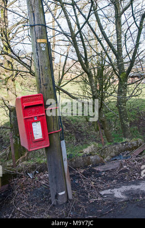 Mail Box fixé au poteau télégraphique en campagne à des Brock Mill, Bleasdale, Preston, Lancashire, England UK Banque D'Images