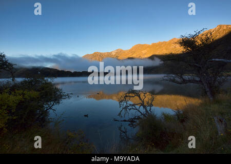 Morning Mist sur Moke Lake près de Queenstown, Nouvelle-Zélande Banque D'Images