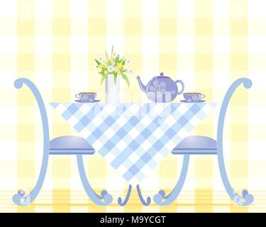 Une illustration d'un jeu de table avec plateau tasses théière et d'un vase de marguerites sur une nappe en vichy avec deux chaises sur un fond jaune pâle Illustration de Vecteur