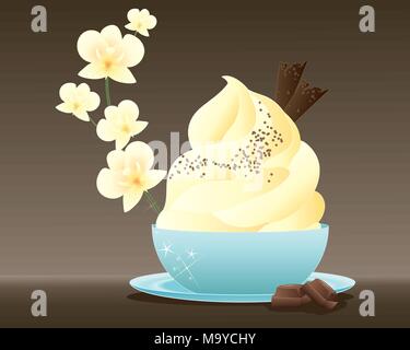Un vecteur illustration en eps 10 format d'une délicieuse crème glacée dessert avec décoration vermicelles de chocolat dans un bol bleu avec détails orchidée vanille Illustration de Vecteur