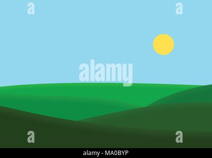 Modèle plat, illustration du paysage avec Prairie et colline sous le ciel bleu avec soleil - vector Illustration de Vecteur