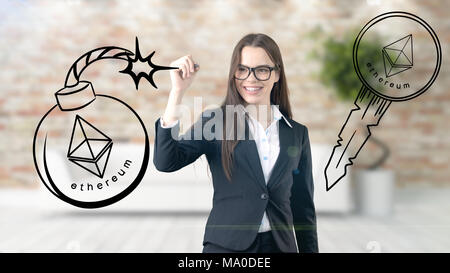 Croquis d'Ethereum young businesswoman in a suit avec poil long et joli visage pensif. Criptocurrency concept. Banque D'Images