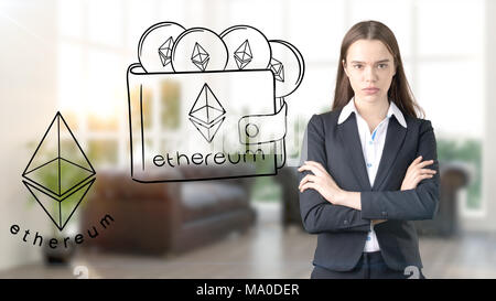 Croquis d'Ethereum young businesswoman in a suit avec poil long et joli visage pensif. Criptocurrency concept. Banque D'Images