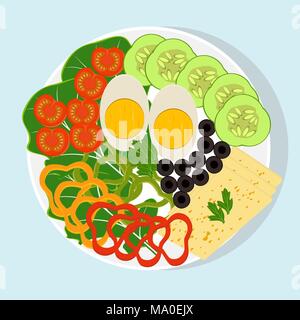 Plaque blanche avec tranches de légumes, oeuf mollet et du fromage. Tomates, concombres, poivrons, olives, la laitue, les verts. Des aliments santé, produits végétariens Vec Illustration de Vecteur