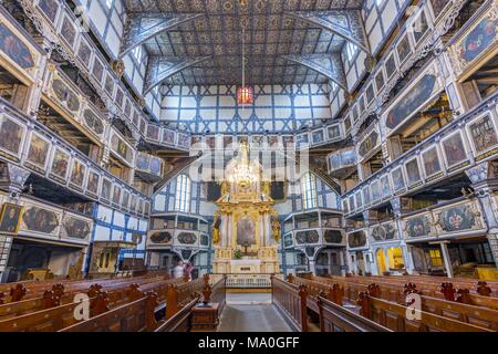 Intérieur de l'Église protestante en bois magnifiquement décoré de la Paix à Jawor, du patrimoine culturel mondial de l'UNESCO, en Pologne. Banque D'Images