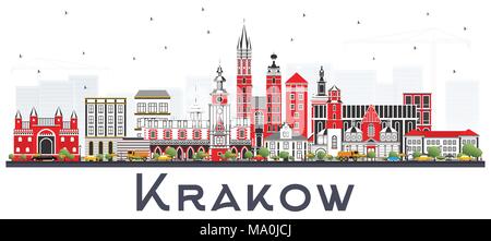 Ville Cracovie Pologne avec bâtiments couleur isolé sur blanc. Vector Illustration. Les voyages d'affaires et tourisme Concept avec l'architecture historique Illustration de Vecteur