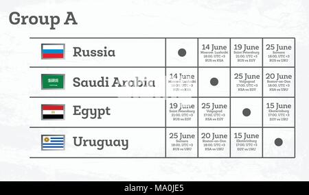 Calendrier des matches du groupe A. Illustration vectorielle. Calendrier des matches avec ville et date. Illustration de Vecteur