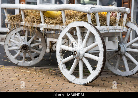 Close-up of white vintage vieux cheval de bois brut Panier dans parc de la ville, transport rétro rustique Banque D'Images