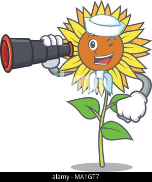 Marin avec tournesol binoculaire mascot cartoon style Illustration de Vecteur