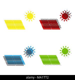 D'énergie solaire. Eco concept tendance signe. Vecteur. Jaune, rouge, bleu, vert les icônes avec leur texture noire à fond blanc. Illustration de Vecteur