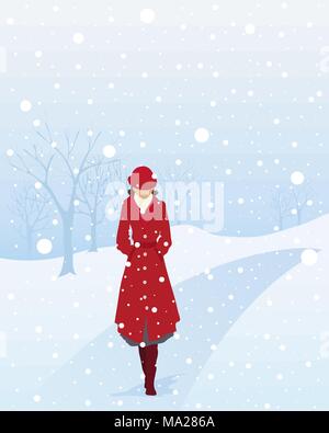 Un vecteur illustration en format eps 10 d'une femme dans un manteau rouge et un chapeau de marcher le long d'un chemin bordé d'arbres dans un parc d'une averse de neige Illustration de Vecteur