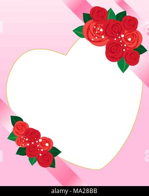Une illustration d'une salutation de la Saint-Valentin avec carte en forme de coeur pour le texte et ruban rose décoration rose rouge Illustration de Vecteur